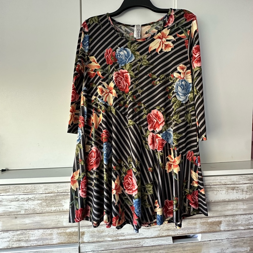 🌹 Crépas M Floral Stripe Swing Tunic Top Bell Sleeve Stretch Made in USA